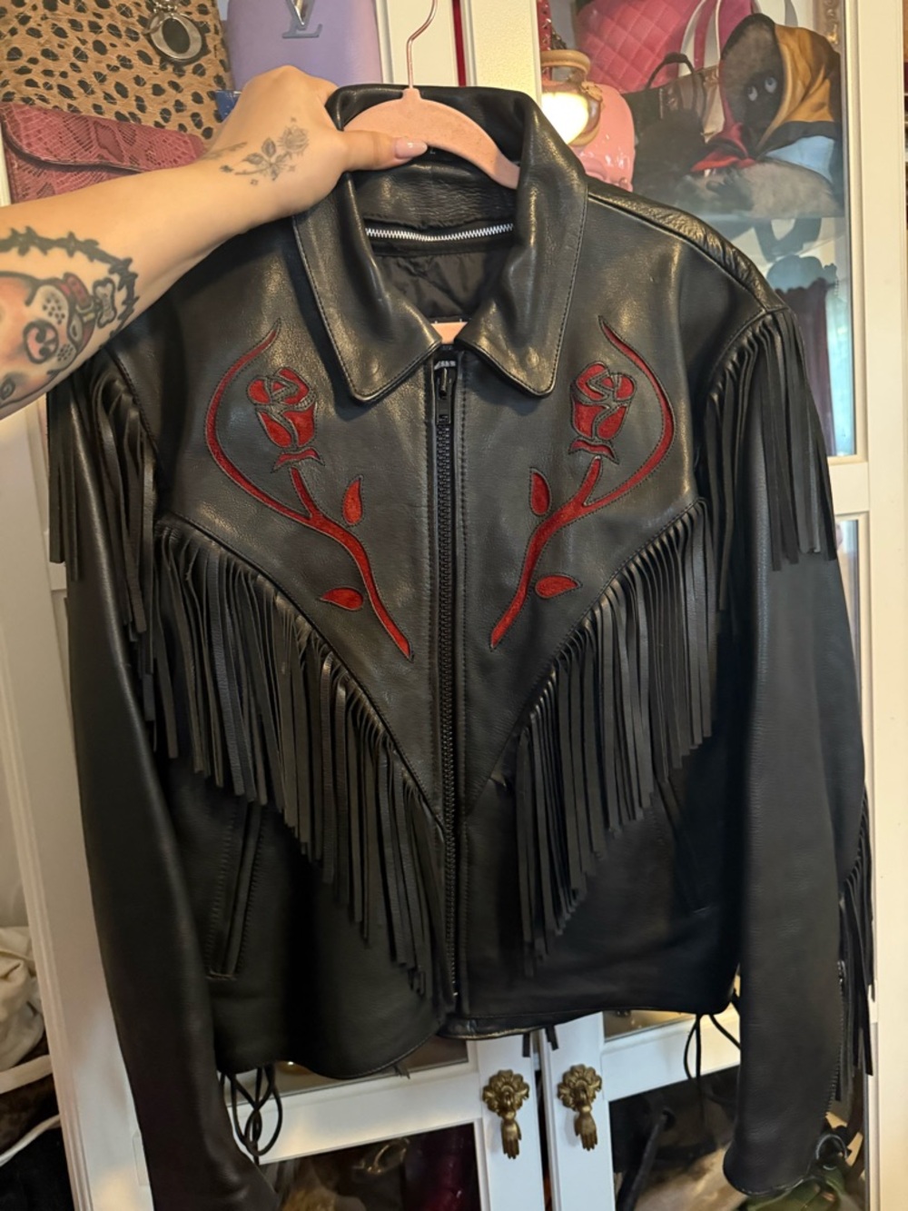 Black Leather Fringe Jacket with Red Rose Embroidery